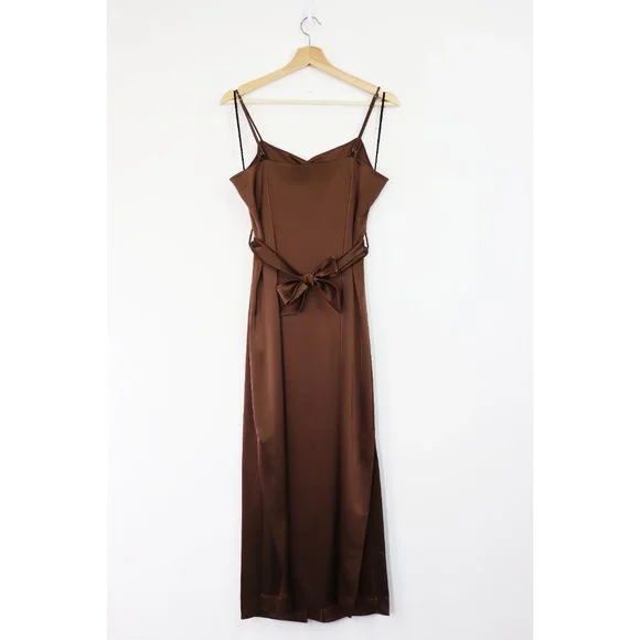 NWT Nanushka Dress Sayan Satin Spaghetti Strap Belted Wrap Tie Midi Slip Brown L - Picture 9 of 11